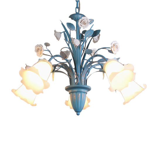 Korean Flower 5/6/8-Light Blue Glass Orchid/Magnolia Chandelier Pendant Lamp For Living Room Ceiling