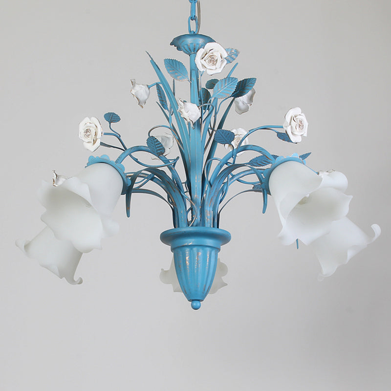Korean Flower 5/6/8-Light Blue Glass Orchid/Magnolia Chandelier Pendant Lamp For Living Room Ceiling