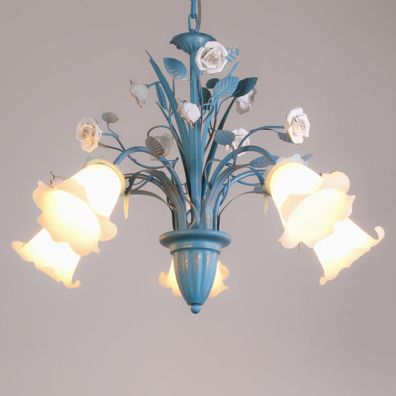 Korean Flower 5/6/8-Light Blue Glass Orchid/Magnolia Chandelier Pendant Lamp For Living Room Ceiling