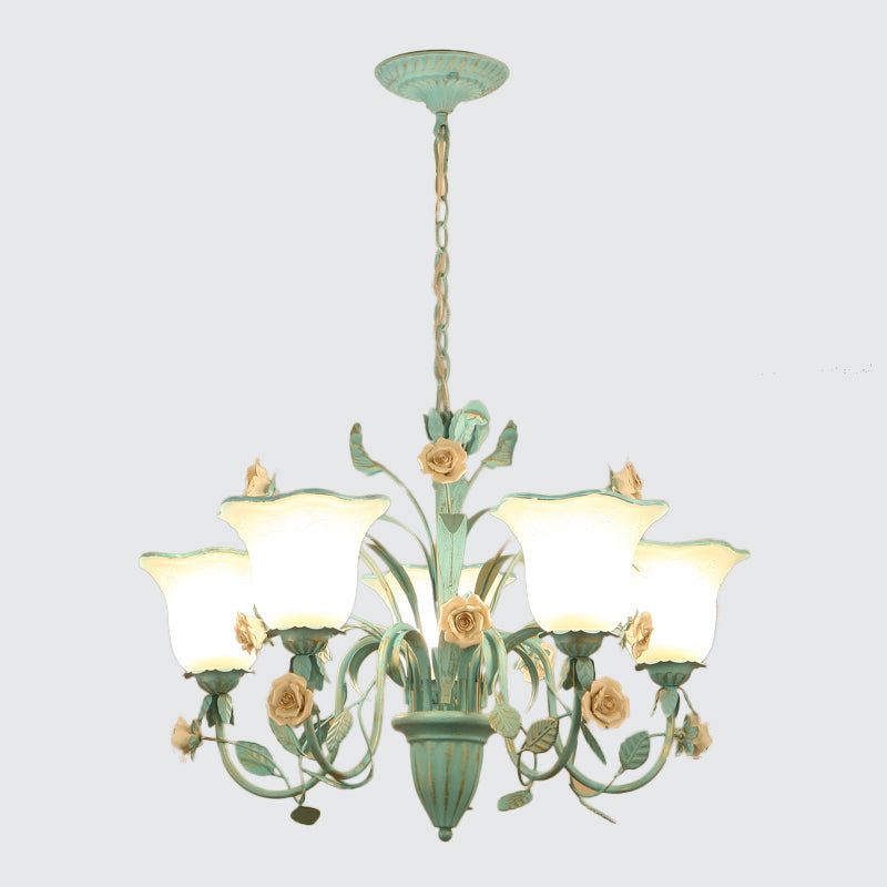 Romantic Blue Floral Frosted Glass Hanging Chandelier - 3/5-Light Pendant Ceiling Light For Bedrooms