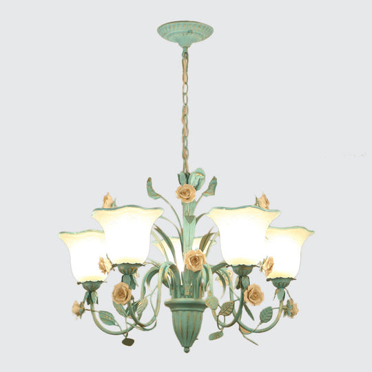 Romantic Blue Floral Frosted Glass Hanging Chandelier - 3/5-Light Pendant Ceiling Light For Bedrooms