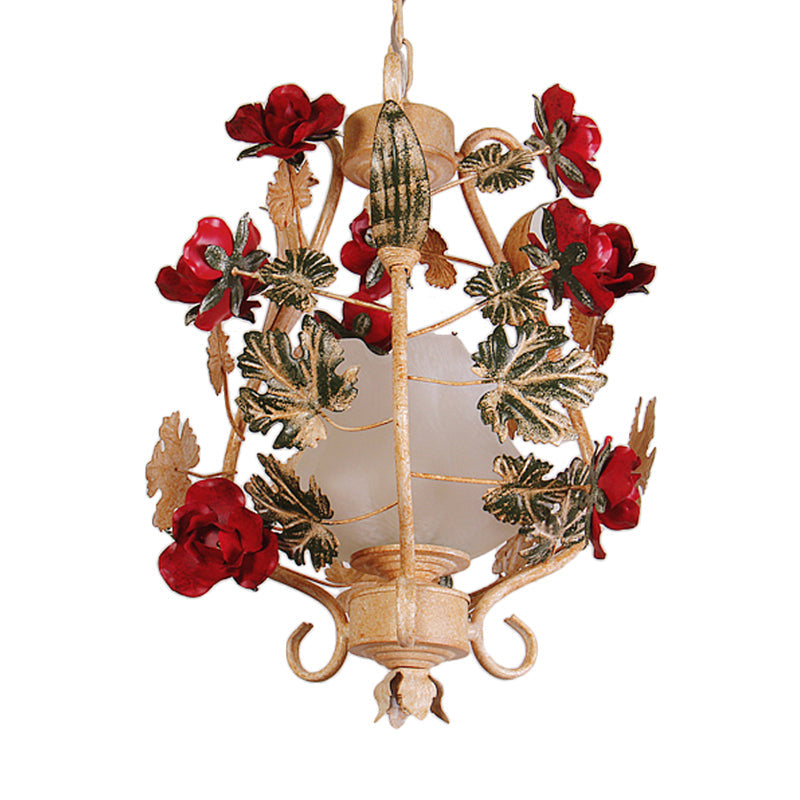 Korean Flower Frosted White Glass Lantern Bedroom Pendant Light - 1-Light Beige Down Lighting