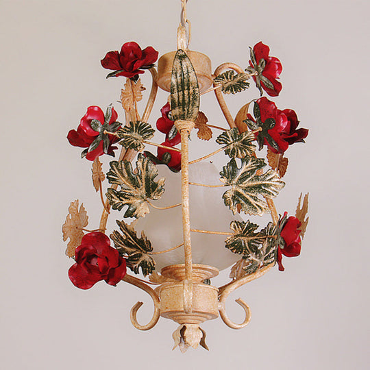 Korean Flower Frosted White Glass Lantern Bedroom Pendant Light - 1-Light Beige Down Lighting