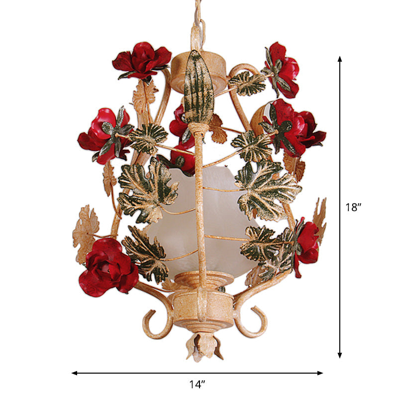Korean Flower Frosted White Glass Lantern Bedroom Pendant Light - 1-Light Beige Down Lighting