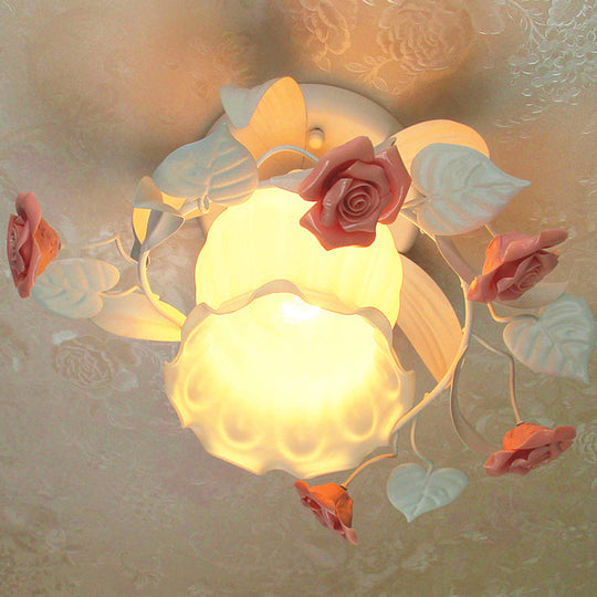 Korean Garden Ruffle Semi Flush Mount Lamp - Elegant Flower Deco, White Frosted Glass Ceiling Light