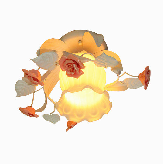 Korean Garden Ruffle Semi Flush Mount Lamp - Elegant Flower Deco, White Frosted Glass Ceiling Light