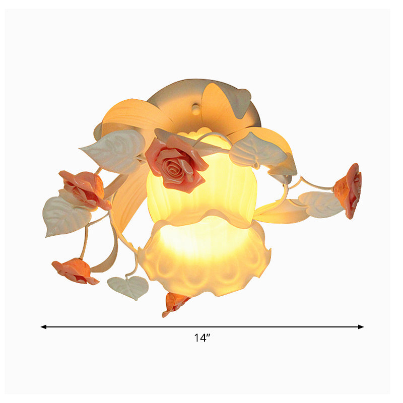Semi Flush Mount Lamp - Korean Garden White Frosted Glass Ceiling Light With Ruffle Design And