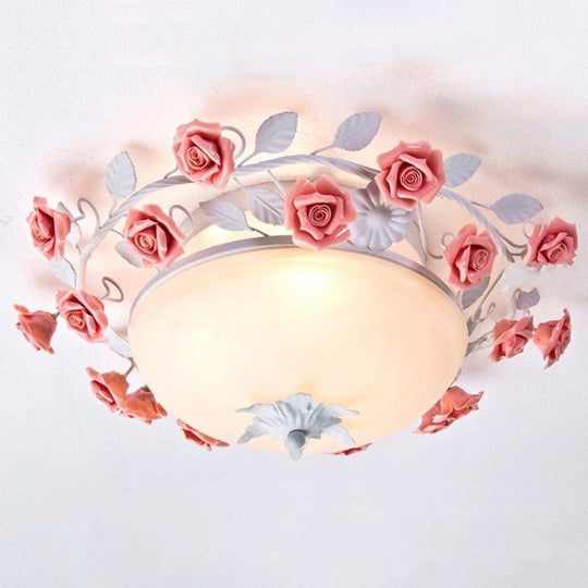 Rose Frosted Glass Flush Mount Ceiling Light for Bedrooms - 3 Lights - Pastoral Design in White