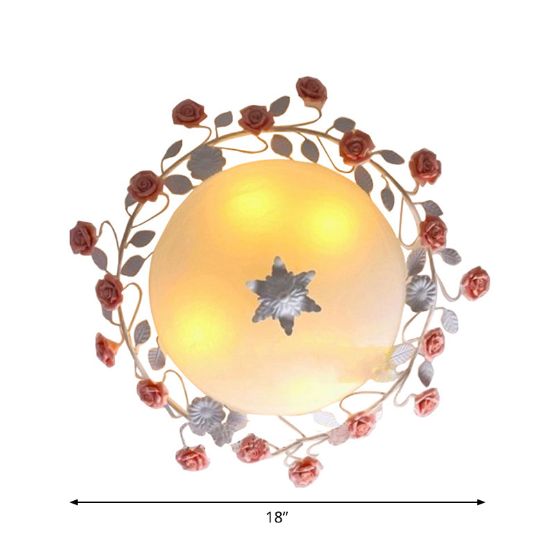 Rose Frosted Glass Flush Mount Ceiling Light For Bedrooms - 3 Lights Pastoral Design In White