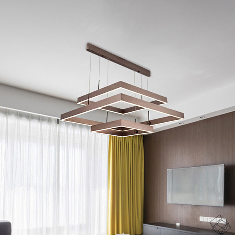 Modernist Led Office Ceiling Chandelier - Layered Square Design Aluminum 3-Light Coffee Finish