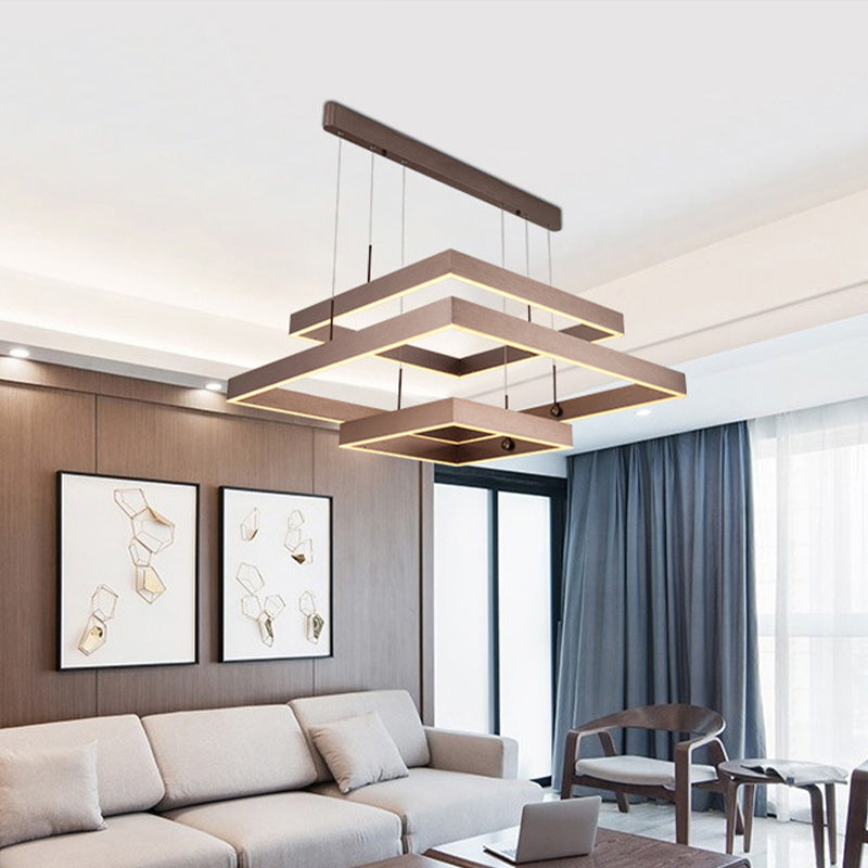 Modernist LED Office Ceiling Chandelier - Layered Square Design - Coffee Finish - Warm/White Light - 3-Light