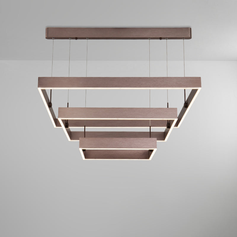 Modernist LED Office Ceiling Chandelier - Layered Square Design - Coffee Finish - Warm/White Light - 3-Light