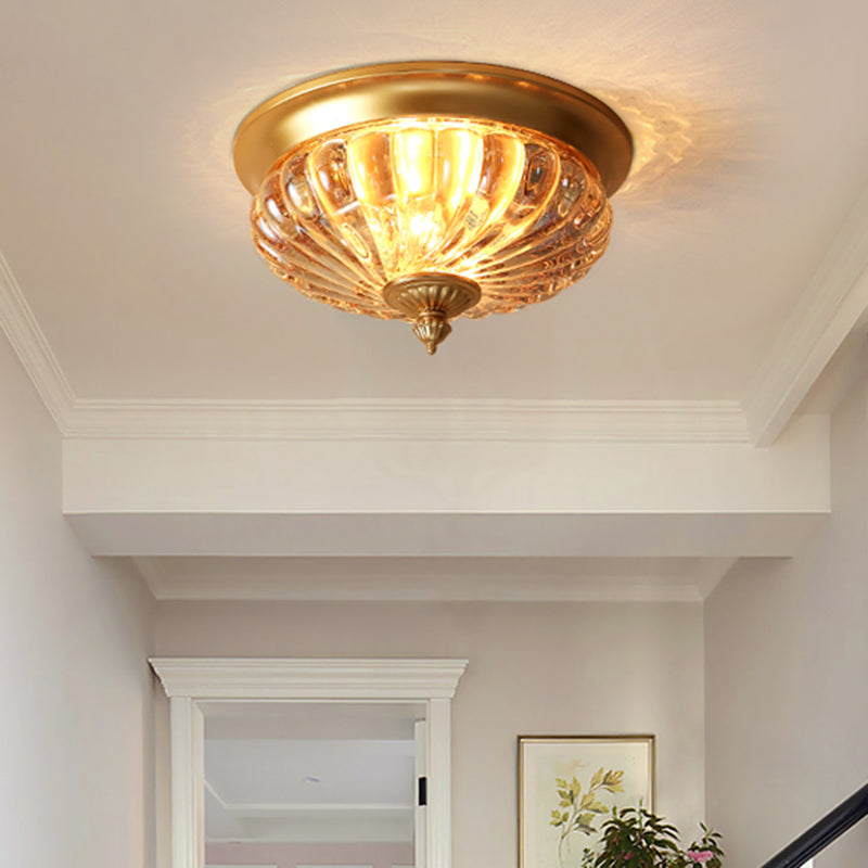 Vintage Crown Shape Flush Mount Light Fixture - 12"/10" Wide, Clear Ribbed Glass, 2 Lights, Black/Gold