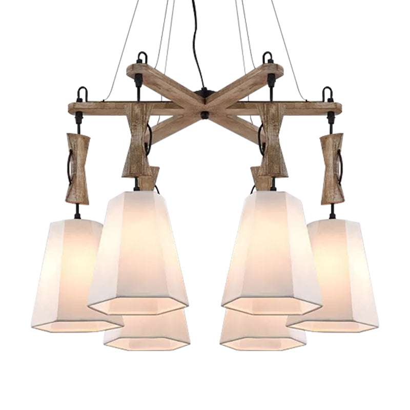 Tapered Chandelier Lighting: Industrial 6-Head Suspension Lamp In Black/White/Flaxen Wood Flaxen