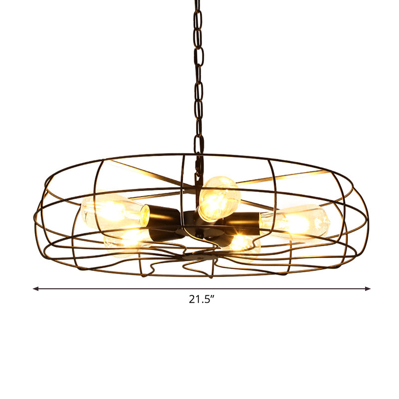 Industrial Iron 5-Bulb Black Chandelier Pendant Lamp - 19/21.5 Round Caged Ceiling Fixture For