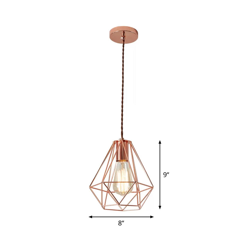 Industrial Rose Gold Pendant Lamp For Bedroom - Flared/Diamond Cage