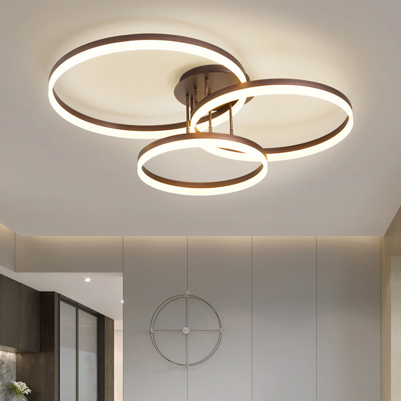 Sleek Spiral Design Coffee Hoop Ceiling Light - 3-Light Acrylic LED Semi Flush Mount Lamp in Warm/White Light