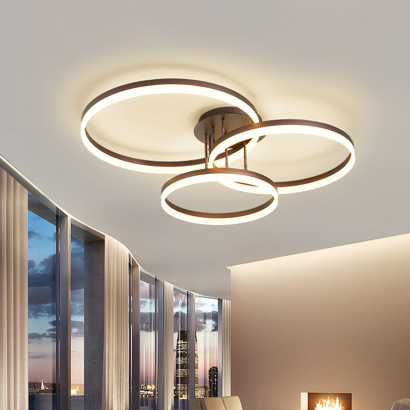Sleek Spiral Design Coffee Hoop Ceiling Light - 3-Light Acrylic Led Semi Flush Mount Lamp In