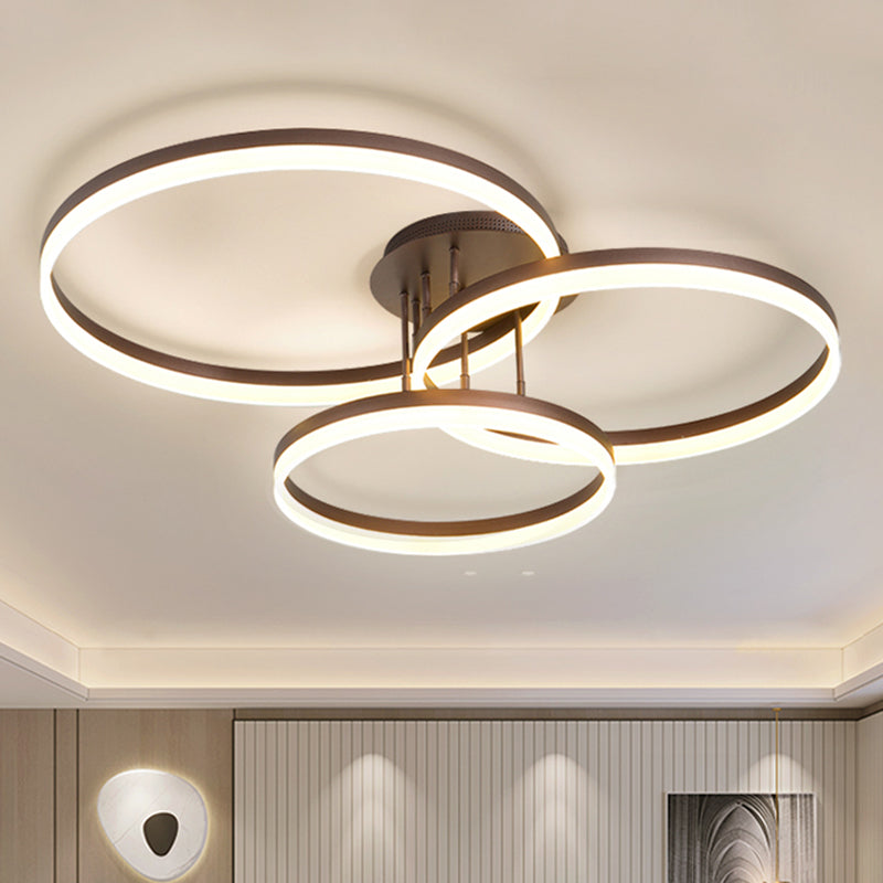 Sleek Spiral Design Coffee Hoop Ceiling Light - 3-Light Acrylic Led Semi Flush Mount Lamp In