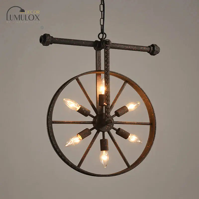 Metallic Wheel Chandelier Lamp Art Deco 6 Lights White/Black/Rust Pendant Ceiling Light for Restaurant