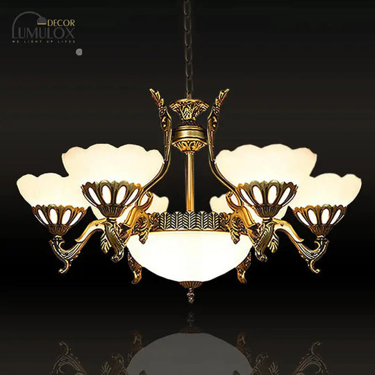 Scalloped Living Room Ceiling Pendant Traditional White Glass 9-Head Brass Finish Chandelier