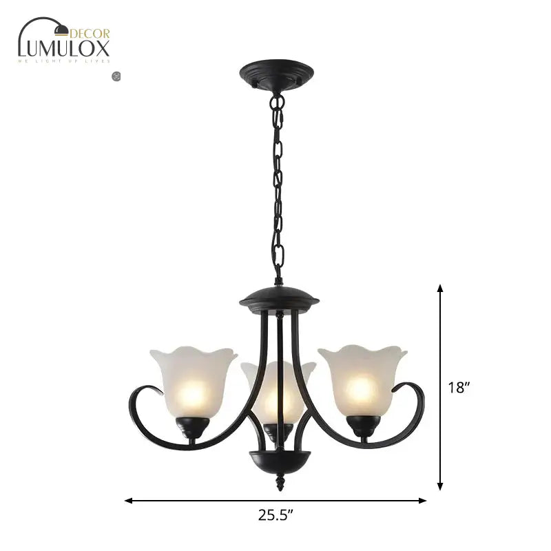 Opal Frosted Glass Black Chandelier Floral 3/8/9-Light Farmhouse Ceiling Pendant Lamp with Scrolling Arm