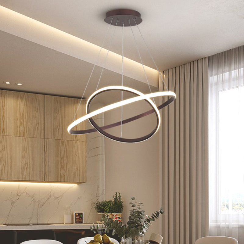 Lustre à LED rond contemporain pour salle à manger en blanc/café - Design à 2/3 niveaux
