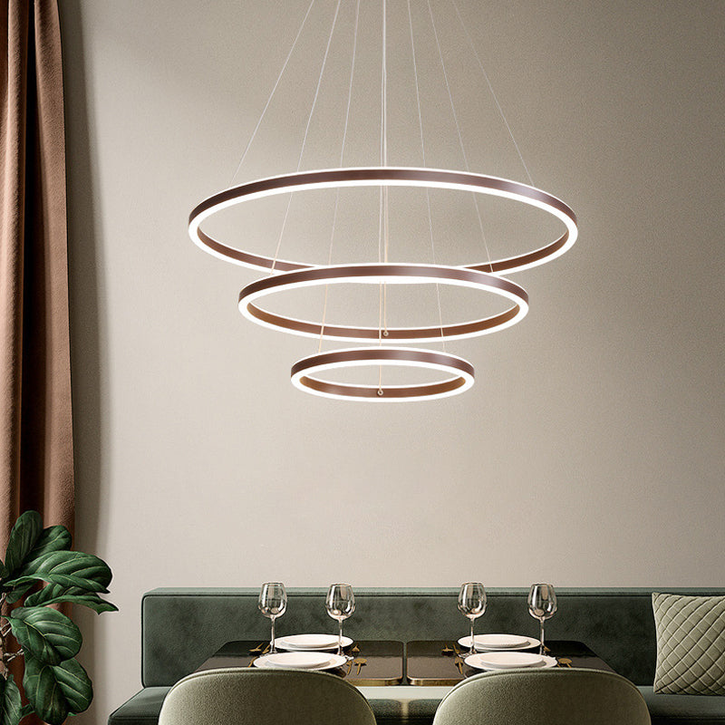Minimalist Brown Ring Chandelier With Acrylic Led For Dining Room - 2/3/4 Tiers