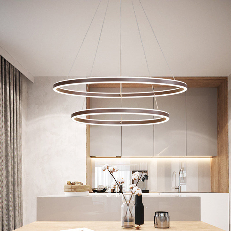 Minimalist Brown Ring Chandelier With Acrylic Led For Dining Room - 2/3/4 Tiers