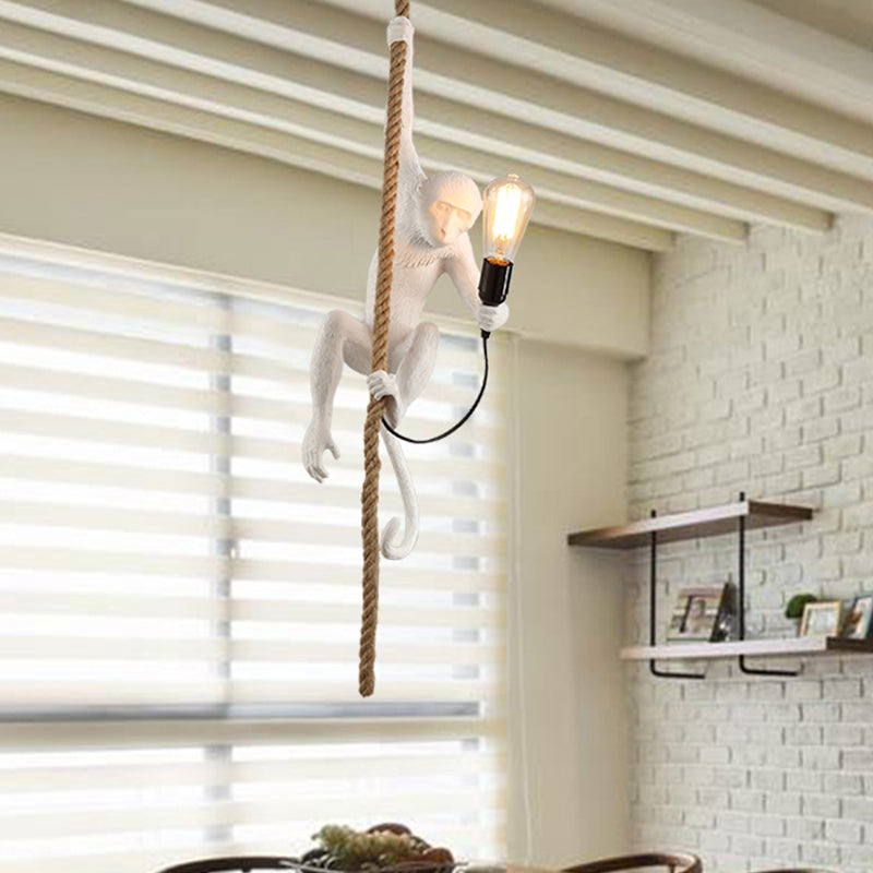 Modern Resin Monkey Ceiling Pendant Light With Rope Cord - 1-Light White Lamp
