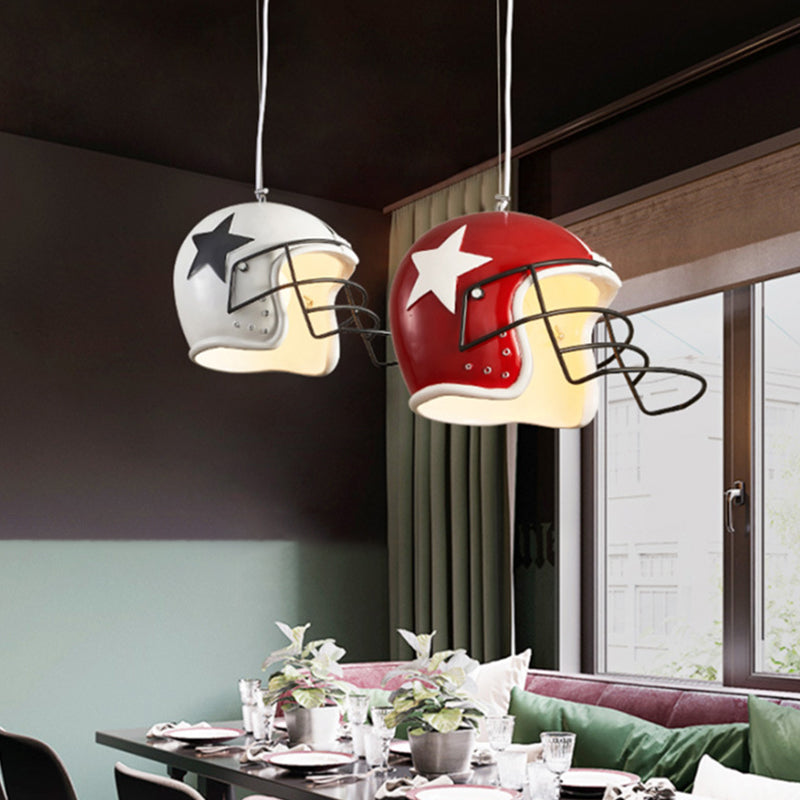 Resin Helmet Pendant Ceiling Light - Red/White Decorative Hanging Lamp For Restaurants White