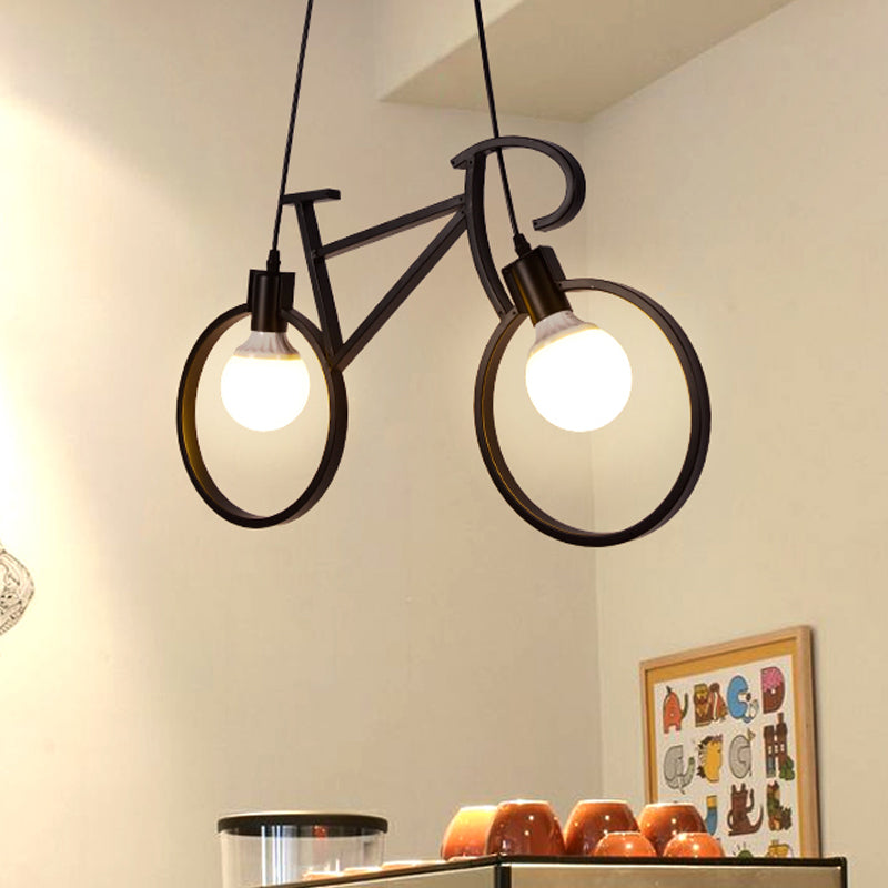 Childrens Room Pendant Light: Black/White Art Deco Bicycle Lamp With 2 Metal Heads