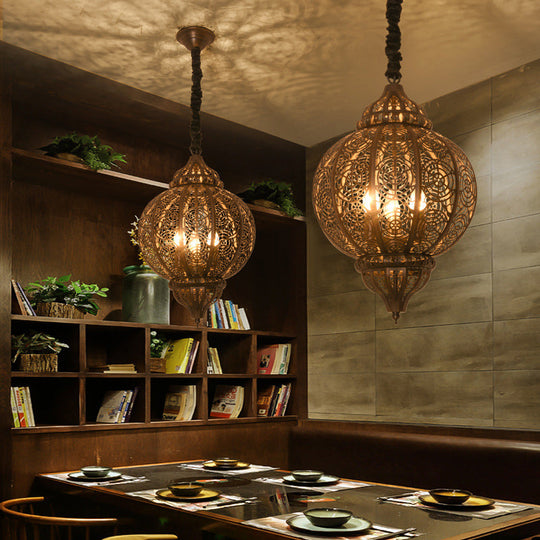 Turkish Bronze Globe Pendant Light - Restaurant Iron Chandelier With Hollowed-Out Design 3-Light
