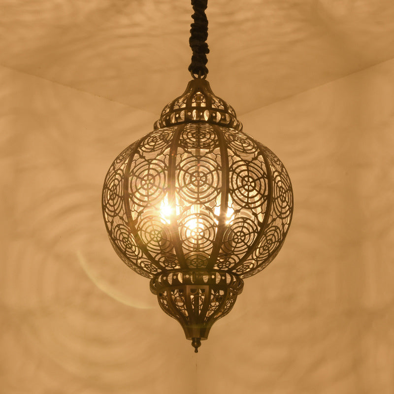 Turkish Bronze Globe Pendant Light - Restaurant Iron Chandelier With Hollowed-Out Design 3-Light