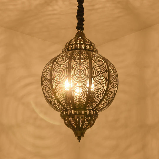 Turkish Bronze Globe Pendant Light - Restaurant Iron Chandelier With Hollowed-Out Design 3-Light