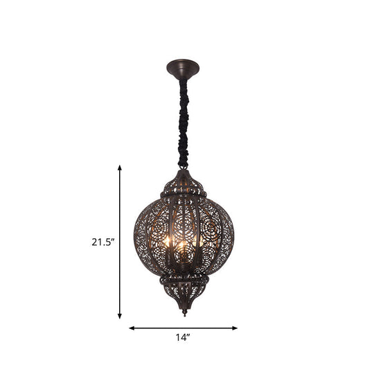 Turkish Bronze Globe Pendant Light - Restaurant Iron Chandelier With Hollowed-Out Design 3-Light
