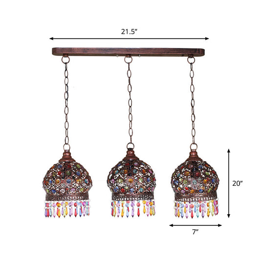 Bohemia Stained Glass Pendant Light With Fringe - 3 Bulbs Cluster Design In Copper Finish