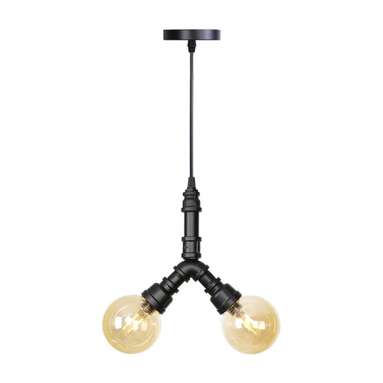Industrial 2-Light Led Hanging Pendant Chandelier With Global Amber/Clear Glass Shades - Restaurant