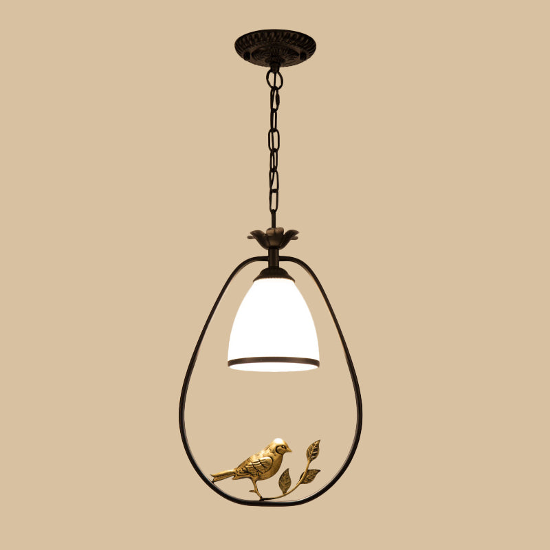 Rustic Bell White Glass Pendant Light With Bird Decoration 1-Bulb Metal Lamp In Black