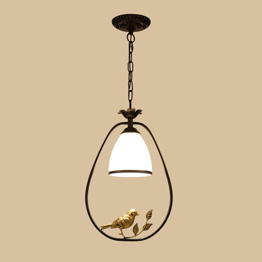 Rustic Bell White Glass Pendant Light With Bird Decoration 1-Bulb Metal Lamp In Black
