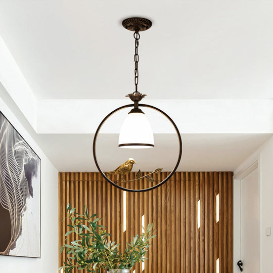 Rustic Bell White Glass Pendant Light With Bird Decoration 1-Bulb Metal Lamp In Black