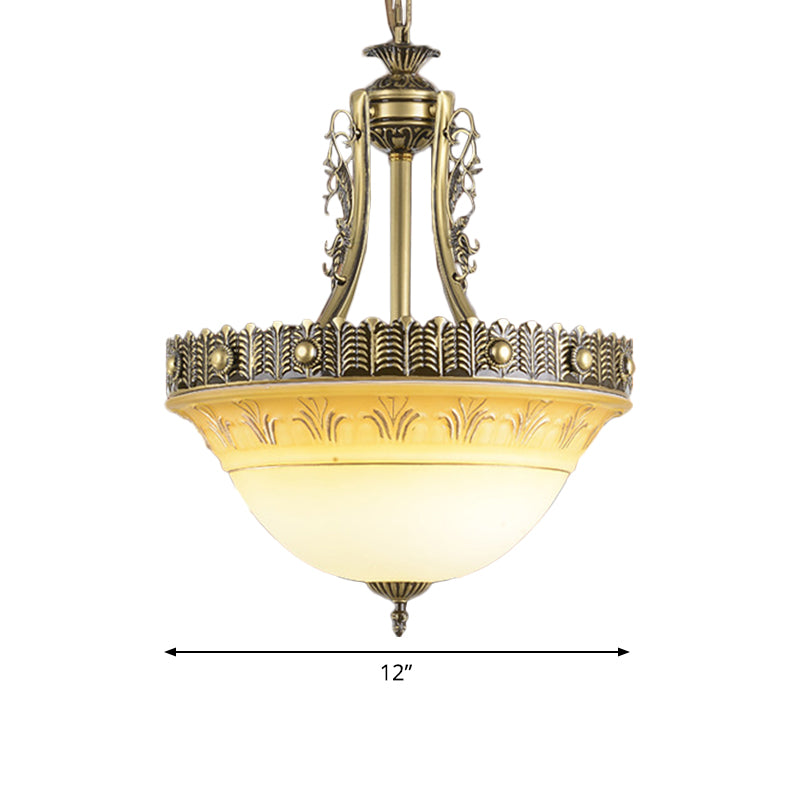 Rustic Beige & White Glass Bowl Terrace Chandelier - 3-Light Brass Pendant Lamp