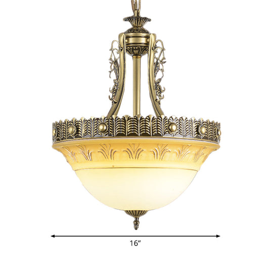 Rustic Beige & White Glass Bowl Terrace Chandelier - 3-Light Brass Pendant Lamp