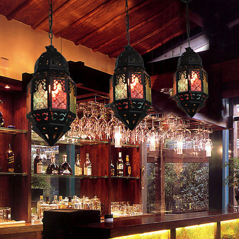 Moroccan Censer Stained Glass Ceiling Lantern - Down Lighting Pendant 1-Light Black