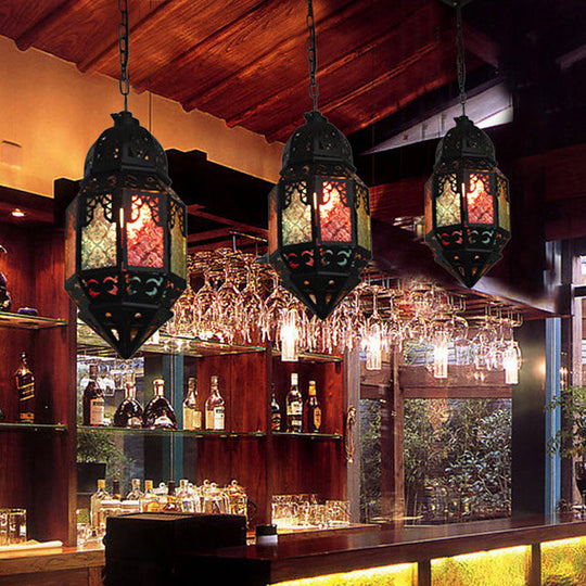 Moroccan Censer Stained Glass Ceiling Lantern - Down Lighting Pendant 1-Light Black