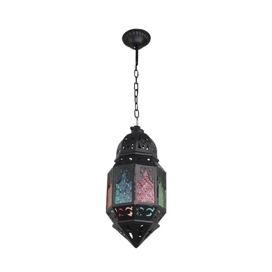 Moroccan Censer Stained Glass Ceiling Lantern - Down Lighting Pendant 1-Light Black