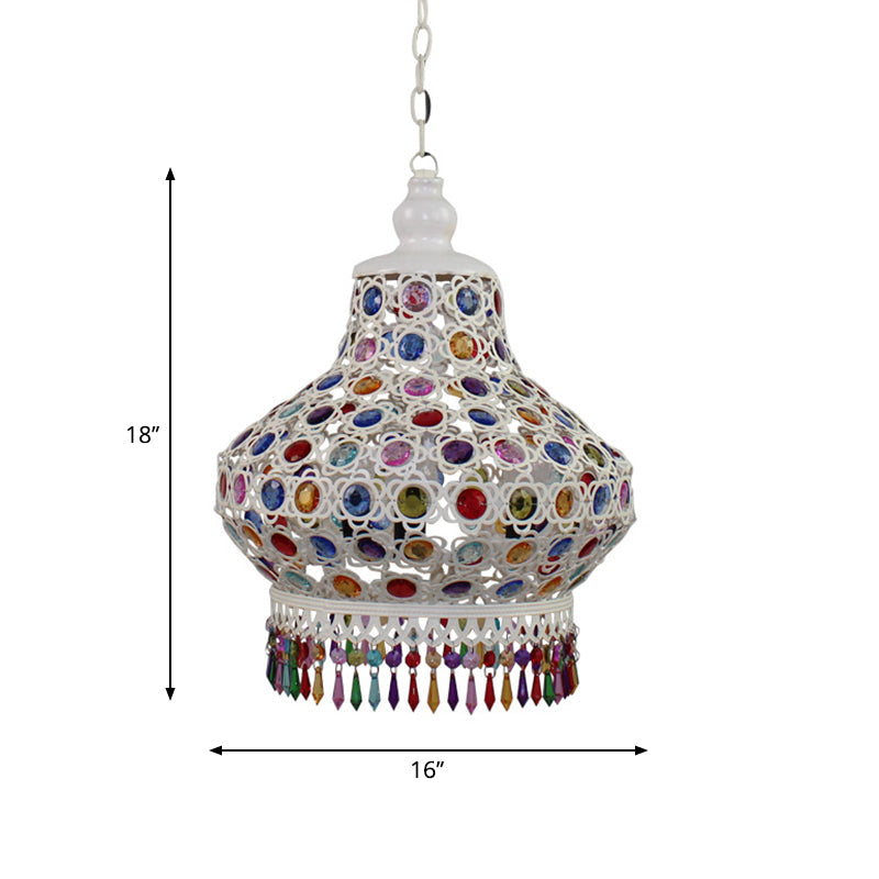 Arabic Style White Metal Pendant Lamp With Fringe Trim - 1-Bulb Beaded Pear Shaped Hanging Light