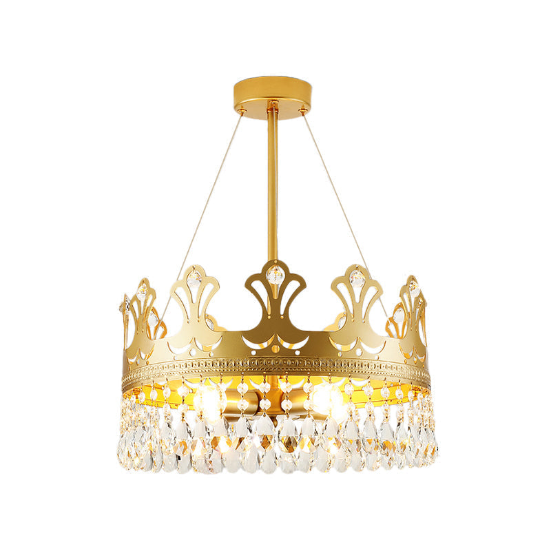 Elegant Brass Crown Chandelier Lamp Simplicity Metal Pendant Lighting With Crystal Drops For Bedroom