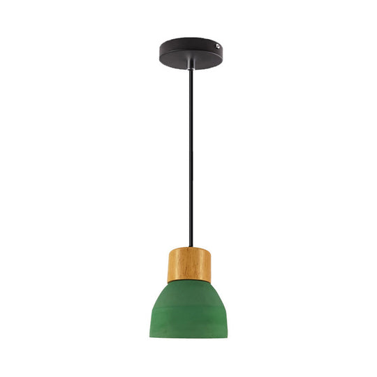 Cement Hanging Pendant Lamp - Macaron Single-Bulb Cone/Bowl Design in Green/Red with Wood Top
