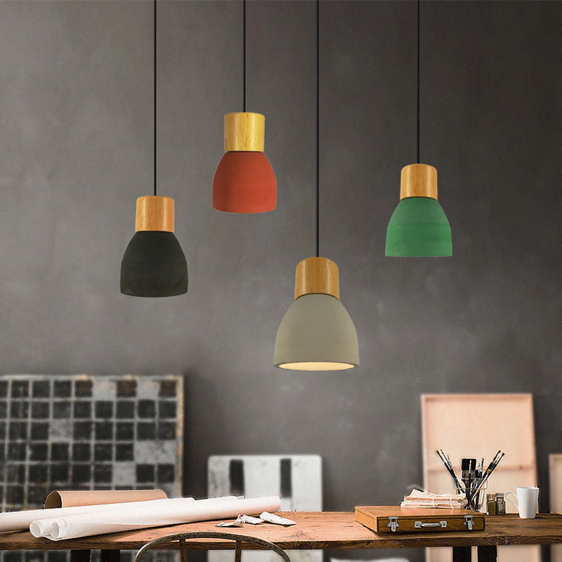 Macaron Cone/Bowl Cement Pendant Lamp With Wood Top And Single-Bulb In Green/Red